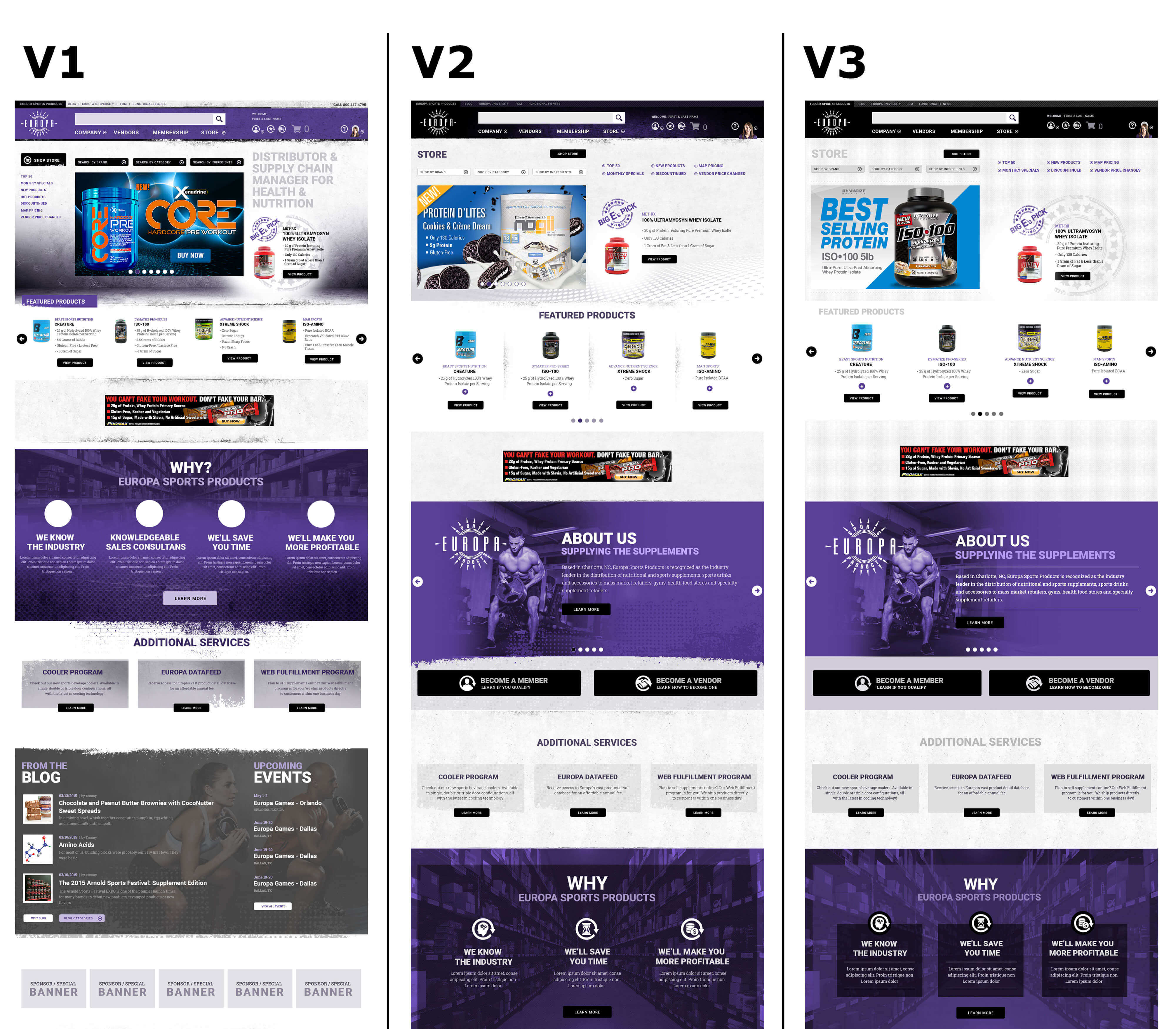 Sample of high-fidelity Landing Page mocks for the Europa Sports website