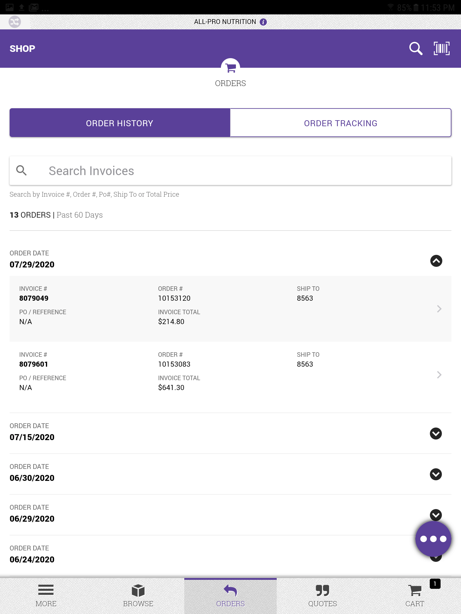 Order history with an order selected Image