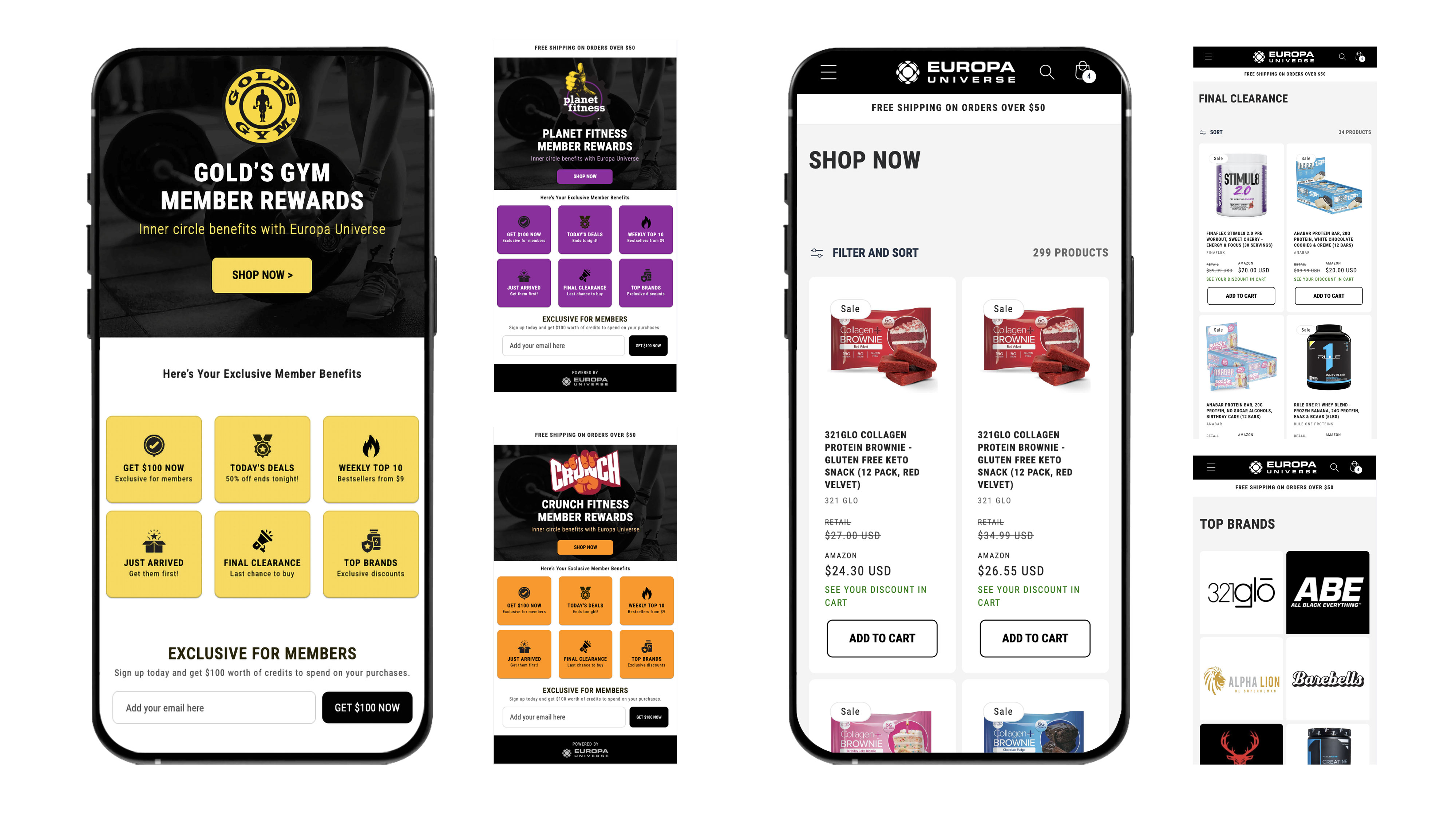 Gym's branded home views and Europa Universe branded e-commerce views 