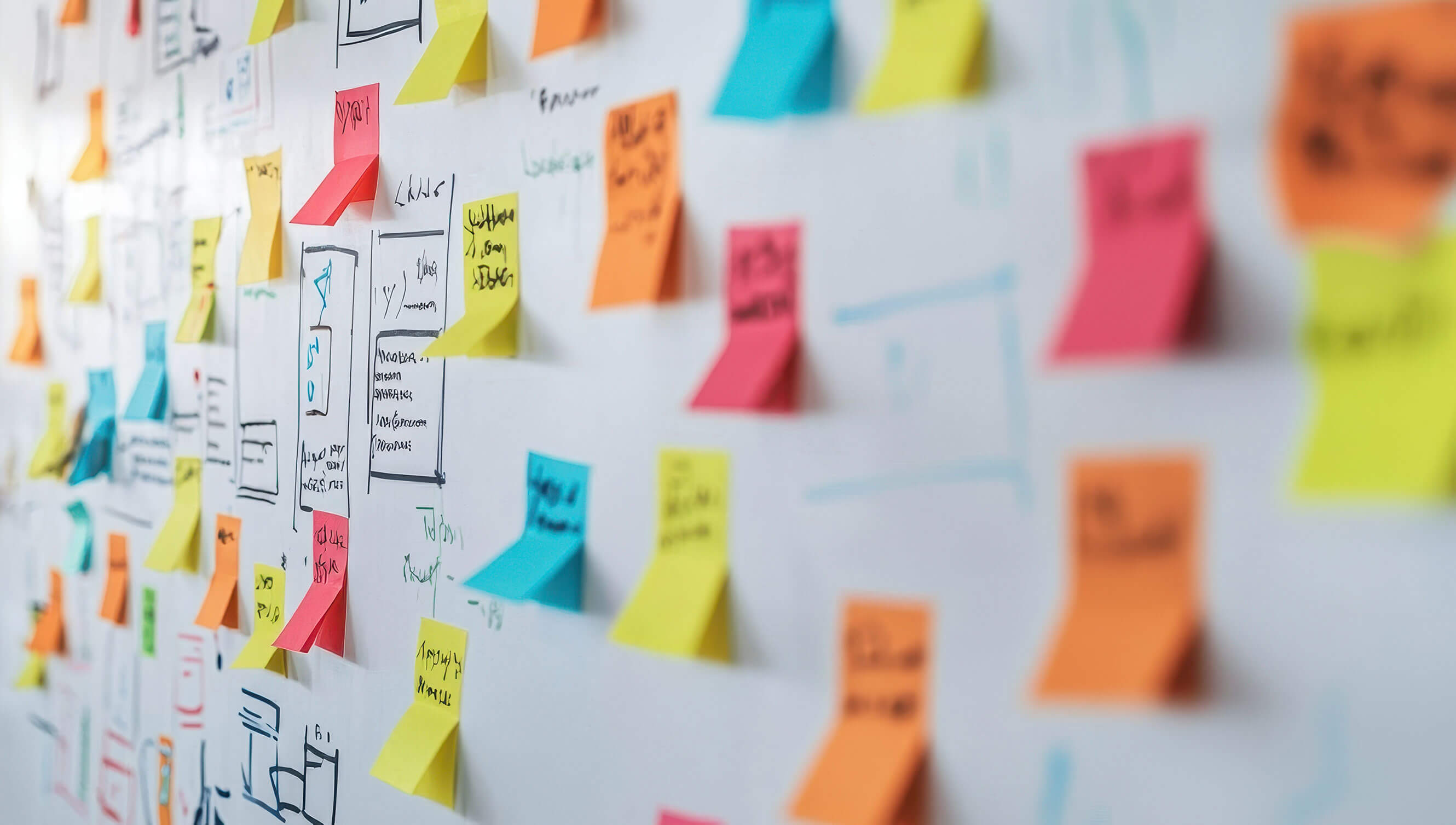 Whiteboard with sticky nots all over it